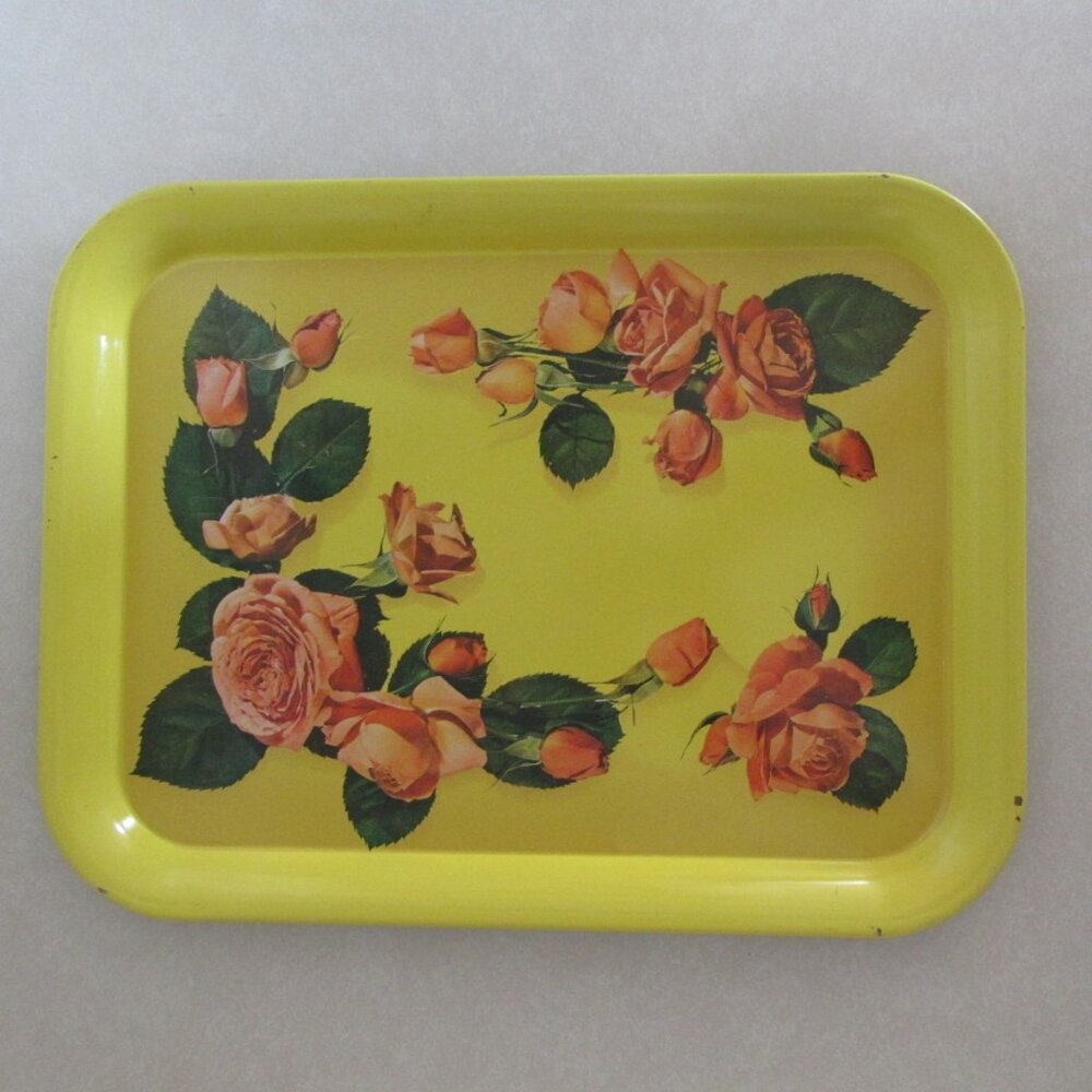 VINTAGE METAL TRAY YELLOW PEACHY PINK ROSES RECTANGLE SERVING SHABBY CHIC COTTAG - Picture 2 of 6